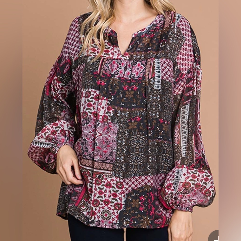 Cotton Bleu Patchwork Boho Blouse - Picture 2 of 5